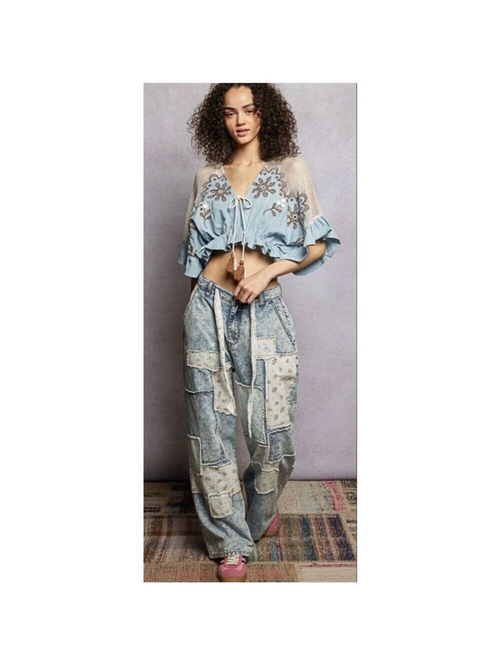 New POL Denim Patchwork Boho Chic Baggy Y2K Free People Vibe Pants Sizes M, L - Picture 6 of 9